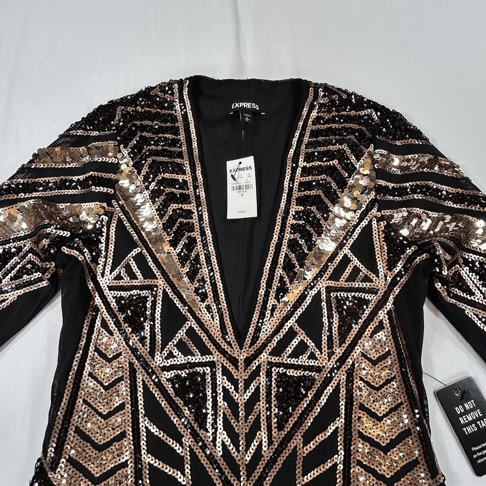 NEW EXPRESS Black Gold Sequin Geometric Bodycon Dress S Glam Holiday Party $118 - Picture 2 of 16